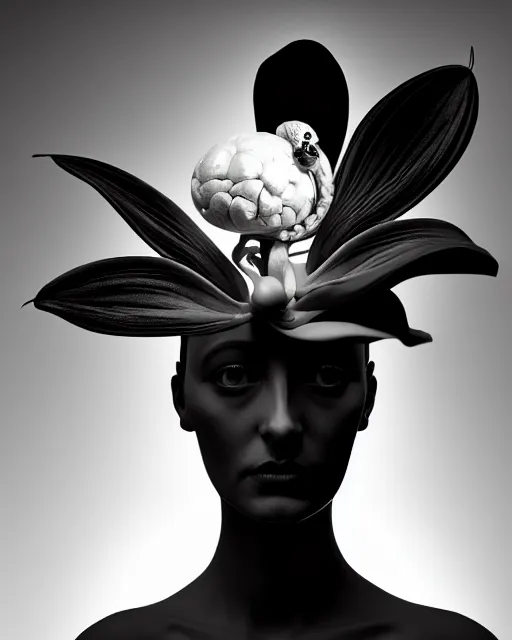 Prompt: surreal mythical dreamy dark artistic black and white fine art photo of a monumental wax sculpture of a female - orchid - bird - cyborg with a luminous brain, rim light, cinematic, studio dramatic light, poetic, octane render, 8 k, photo - realistic, by floria sigismondi and dora maar