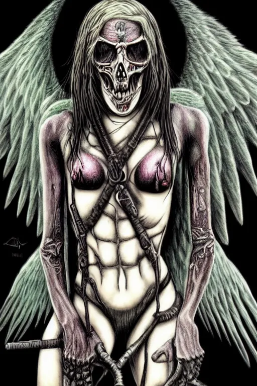 Image similar to human need death angel, realistic, art by tafy laplanche, colored by takeshi miike