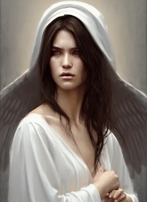 Prompt: portrait of angel in white robes. realistic shaded lighting poster by greg rutkowski, artgerm, jeremy lipkin and michael garmash, rob rey and kentaro miura style, trending on art statio. highly detailed, symmetrical face.