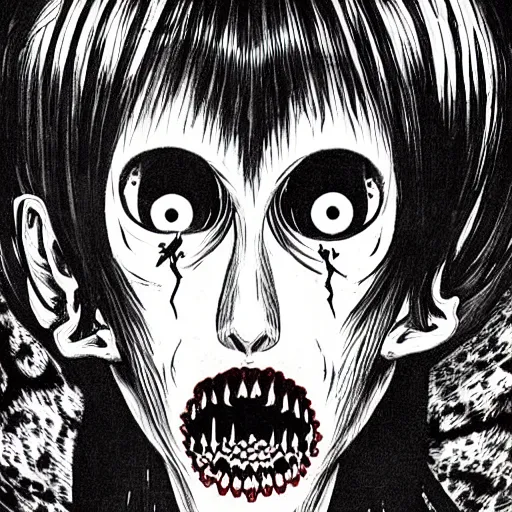 Image similar to dmt hallucinations, horror, darkness, junji ito