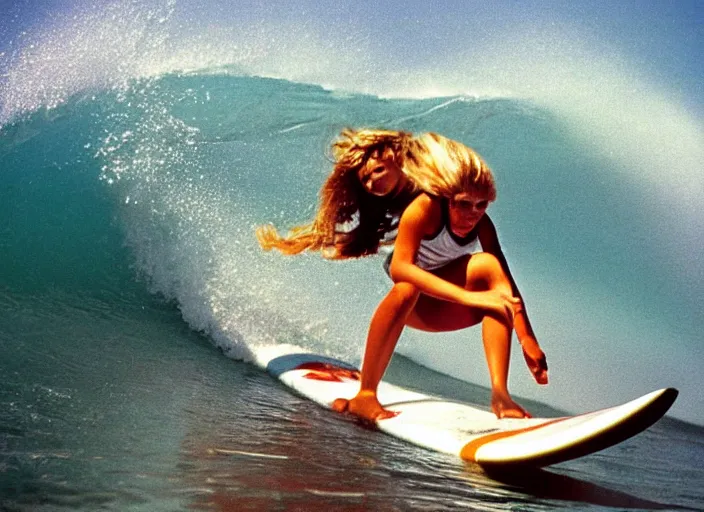 Image similar to color photo. surfer girl riding a big wave in the 8 0's. sharkfins in the water