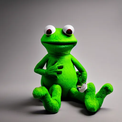 Image similar to pepe the frog as a muppet, product photography, commercial lighting