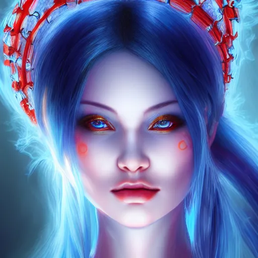 Image similar to perfectly - centered close - up face - portrait of blue - haired goddess with glowing - red - eyes, the perfect human female specimen, intricate, elegant, super highly detailed, professional digital painting, artstation, concept art, smooth, sharp focus, no blur, no dof, extreme illustration, unreal engine 5, 8 k, by anne stokes