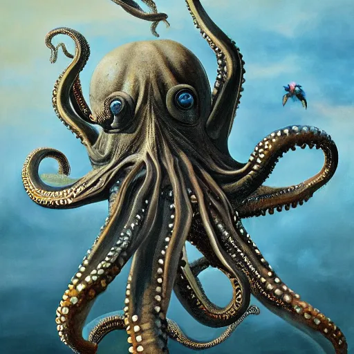 Prompt: an octopus with wings flying with birds, oil on canvas, portrait, intricate, 8k highly professionally detailed, HDR, CGsociety