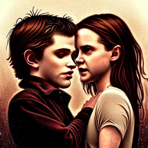 Image similar to Twilight version of Stranger Things, Portrait of Edward and Bella, diffuse lighting, fantasy, intricate, elegant, highly detailed, lifelike, photorealistic, digital painting, artstation, illustration, concept art, smooth, sharp focus, art by John Collier and Albert Aublet and Krenz Cushart and Artem Demura and Alphonse Mucha