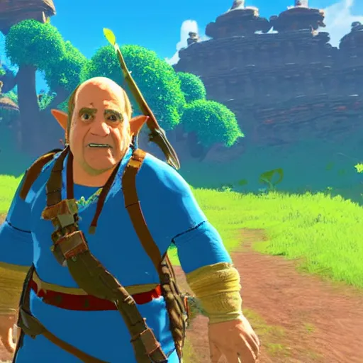 Prompt: in-game screenshot of Danny Devito in Zelda: Breath of the Wild (2017)