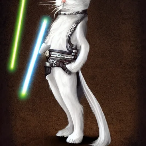 Image similar to long haired white cat in a futurist armor holding a light saber, digital art, fantasy, steampunk