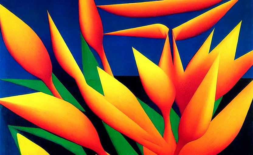 Image similar to geometric painting of birds of paradise by rene magritte