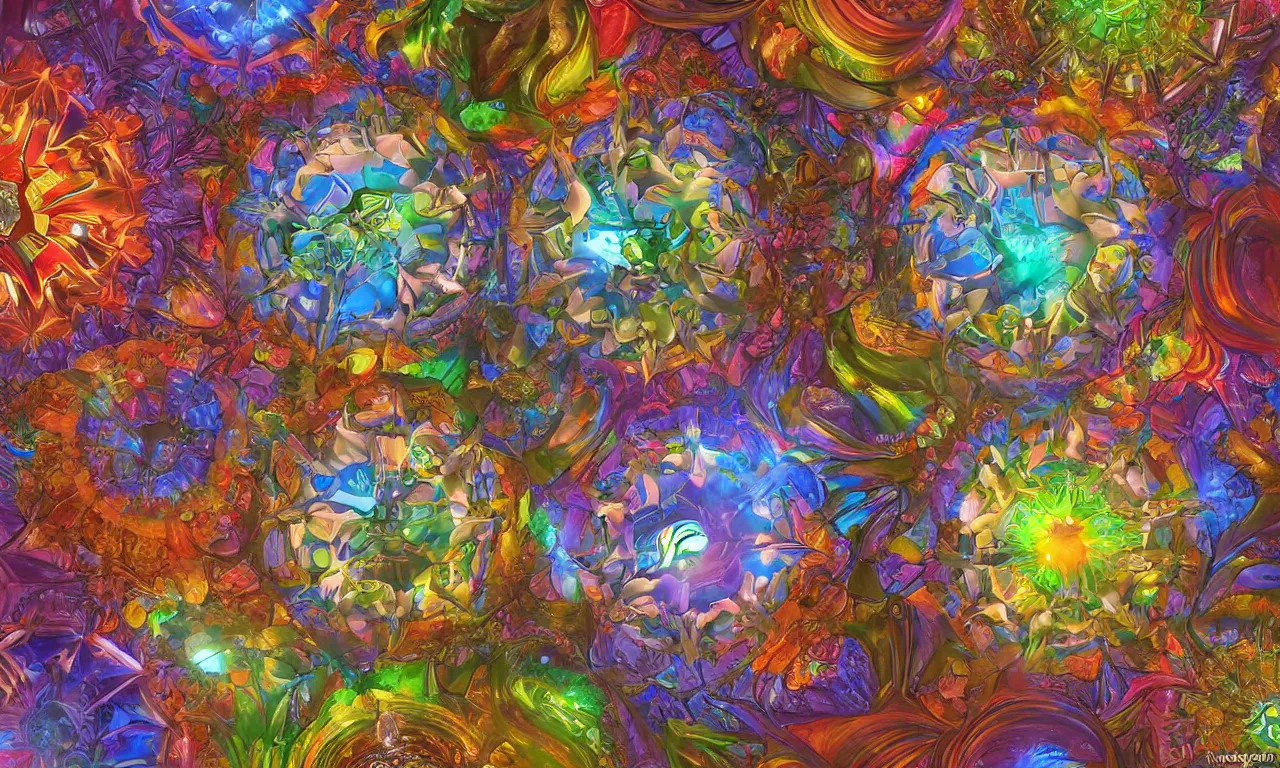 Image similar to voronoi engine laboratory 3 d volume kaleidoscope mandala fractal chakra digital multicolor stylized concept substance by artgerm, rossdraws, norman rockwell, magali villeneuve, gil elvgren, alberto vargas, earl moran, enoch bolles radiating a glowing aura global illumination ray tracing hdr