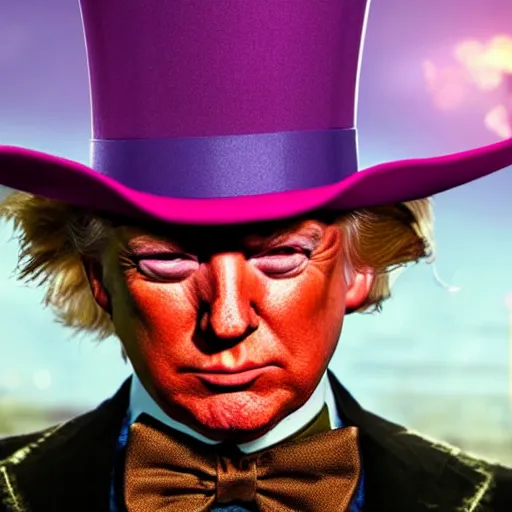 Prompt: portrait of donald trump as willy wonka in, fantasy, splash art, movie still, detailed face, photorealistic facial features, cinematic lighting, dramatic, octane render, long lens, shallow depth of field, bokeh, anamorphic lens flare, 8 k, hyper detailed, 3 5 mm film grain