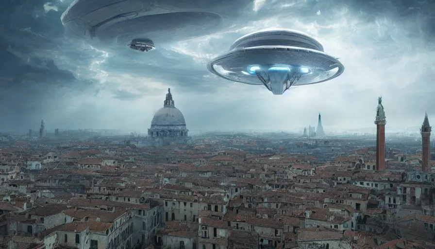 Image similar to a giant alien ufo high tech spaceship eerily hovering on italy venice city landscape with beautiful temples by greg rutkowski, artgerm, ross tran, magali villeneuve, intricate, time travel theme, audince in awe, spectacle, audience sorrounding, award winning, octane render, masterpiece, 8 k, beautiful