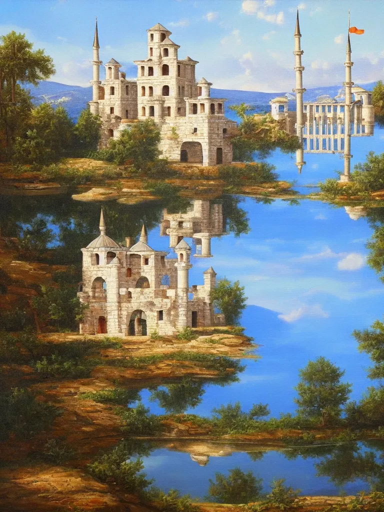 Prompt: an ancient white castle in the turkish style, with the lake reflecting a shadow similar to it. 8 k, oil on canvas, hyperdetailed