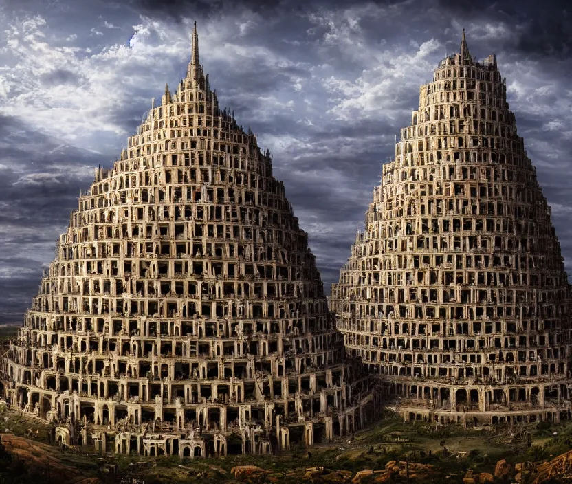 Prompt: a photo of the Babel Tower, cinematic, 8k HDR, highly detailed, high quality, godrays, hyperrealistic