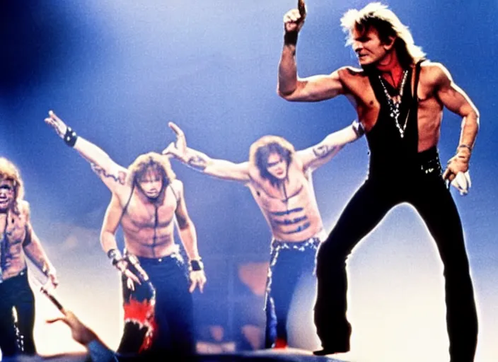 Image similar to publicity photo still of patrick swayze in motley crue live on stage, 8 k, live concert lighting, mid shot