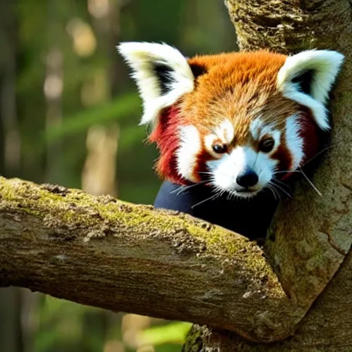 Image similar to photo of humanised red panda armored with golden helmet in the forest