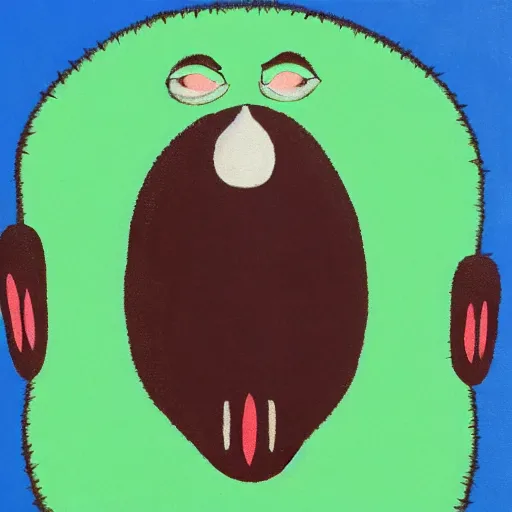 Image similar to a short brown creature with a rounded head and flat sides, mouth open with spiky teeth showing, nostrils but no nose, green carpet, blue painted wall, acrylic on canvas