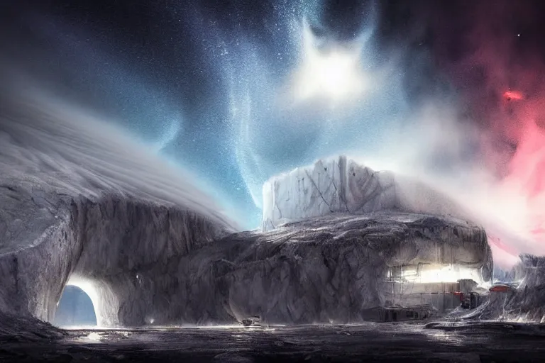 Image similar to favela spaceship cave tornado, snowy arctic environment, industrial factory, cliffs, peaks, bright, milky way, award winning art, epic dreamlike fantasy landscape, ultra realistic,