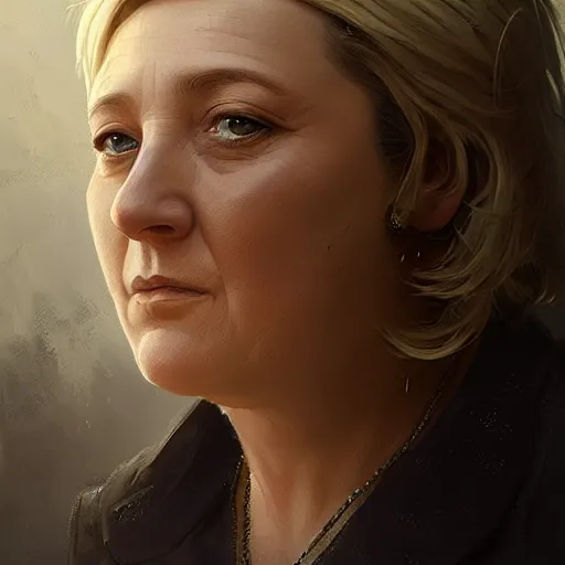 Image similar to Portrait of Marine le Pen , heroic, amazing splashscreen artwork, splash art, head slightly tilted, natural light, elegant, intricate, fantasy, atmospheric lighting, cinematic, matte painting, detailed face, by Greg rutkowski