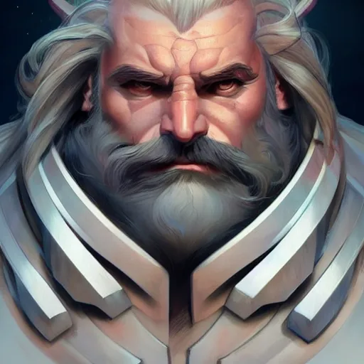 Image similar to science-fiction utopian character portrait of a huge muscular tall giant Reinhardt from Overwatch, long white hair and beard, intricate, wild, highly detailed, digital painting, artstation, upper body, concept art, smooth, sharp focus, illustration, art by artgerm and greg rutkowski and alphonse mucha