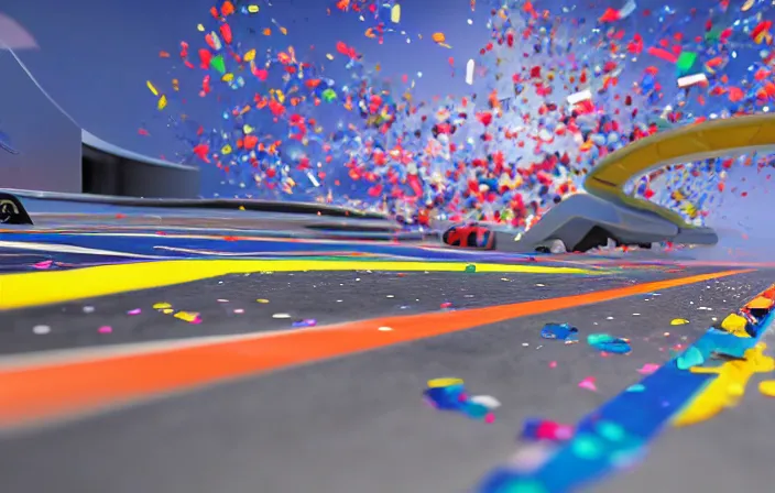 Prompt: cinematic low angle wide angle shot worms eye view of a realistic futuristic vehicle racetrack finish line with confetti on a sunny day with a clear blue cloudy sky angled toward sky, cyberpunk, digital painting, good value control, crowded stands, rule of thirds, golden ratio, horizon line focus, sharp focus, fourze, realistic textures, f zero, speed racer movie, 8 k