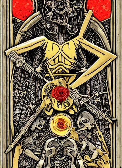 Image similar to tarot card :: horror :: killer gun :: blood and roses :: gold and silver carvings :: metallic :: by Yurtsev and Darkchylde