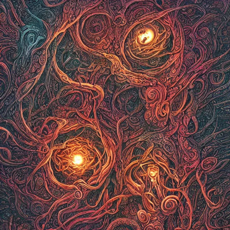 Image similar to a intricate mandala of skulls and flesh and bone with deep and intricate rune carvings and weaving lovecraftian tentacles emerging from a space nebula by dan mumford, twirling smoke trails, a twisting vortex of dying galaxies, collapsing stars, digital art, photorealistic, vivid colors, highly detailed, intricate