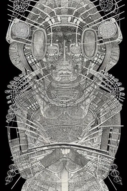 Image similar to a black and white drawing of an ancient future japanese temple samurai, bioluminescence, a detailed mixed media collage by hiroki tsukuda and eduardo paolozzi and ernst haeckel, intricate linework, sketchbook psychedelic doodle comic drawing, geometric, street art, polycount, deconstructivism, matte drawing, academic art, constructivism