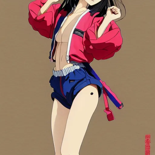 Image similar to a beautiful japanese natalie portman gravure model, wearing oversized native designer bomber jacket and leotard with overalls, bulky poofy bomber jacket with mesoamerican patterns, mesoamerican native street fashion, gapmoe yandere grimdark, trending on pixiv fanbox, painted by greg rutkowski makoto shinkai takashi takeuchi studio ghibli, akihiko yoshida