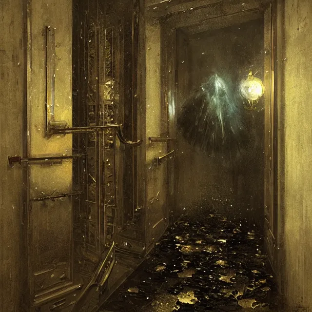 Image similar to ultra - realistic painting gothic 1 9 2 0 s hotel elevator opening up to cosmic horror, atmospheric lighting, brooding, foreboding, by carl spitzweg, ismail inceoglu, vdragan bibin, hans thoma, greg rutkowski, alexandros pyromallis, fine details, realistic shading