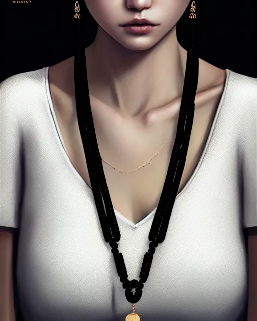 Prompt: full 1 2 0 mm necklace portrait of a beautiful slender kazakh girl, in tshirt, furious, by saruei and guweiz and ilya kuvshinov and rockwell and warhol digital art, ultra clear and sharp focus, trending on artstation hq, deviantart, pinterest, unreal engine 5, 4 k uhd image