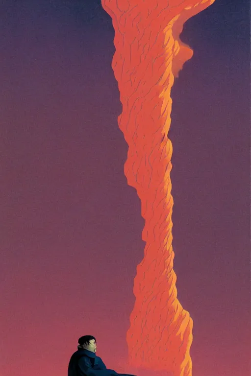 Prompt: a closeup portrait of anti - gravity, a young siberian man dreaming psychedelic hallucinations in the vast icy landscape of antarctica, volcano lava drips in anti - gravity by kawase hasui, moebius and edward hopper, colorful flat surreal design, hd, 8 k, artstation