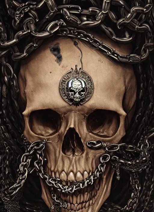 Image similar to A fancy portrait of a skull wrapped in chains by Greg Rutkowski, Sung Choi, Mitchell Mohrhauser, Maciej Kuciara, Johnson Ting, Maxim Verehin, Peter Konig, Bloodborne, 8k photorealistic, cinematic lighting, HD, high details, dramatic, atmospheric , trending on artstation