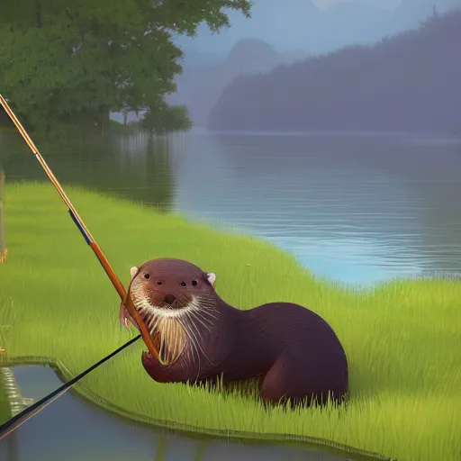 Prompt: painting of Otter in hat with fishing rod, fishing in river on boat near morning forest, stylized, octane render, Ghibli style