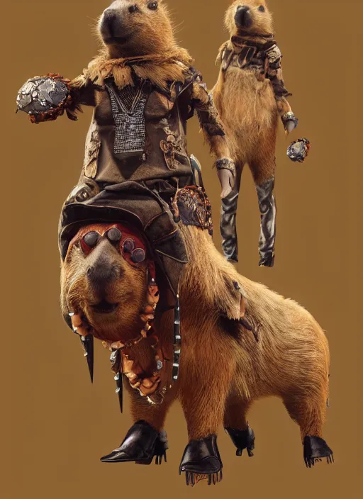 Image similar to detailed full body concept art illustration 35mm photography of an anthropomorphic capybara cowboy in full intricate clothing, biomutant, ultra detailed, digital art, octane render, 4K