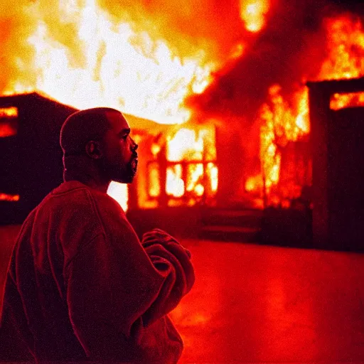 Prompt: a photo of kanye west standing by a burning house, dramatic, ektachrome, vintage, wide angle, warm color palette, light mode, 2. 5 - dimensional, 1 6 k, ultra - hd, megapixel, cga, rays of shimmering light, screen space reflections