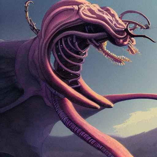 Image similar to concept art painting of an alien animal creature, detailed, cel shaded, in the style of makoto shinkai and moebius and wayne barlowe and james gurney