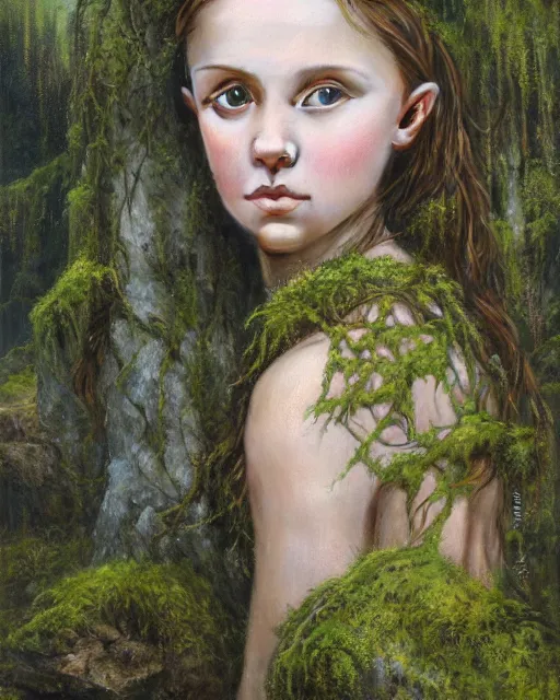 Prompt: a well - lit, realistic oil painting emotive portrait of a girl resembling a young, shy, redheaded irish alicia vikander or millie bobby brown in moss - covered ancient stone ruins at sunset, highly detailed, intricate, concept art, artstation, by donato giancola, ron cobb, and artgerm