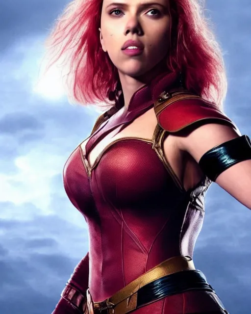 Image similar to scarlett johansson portraying a beautiful shanna the she devil from marvel, beautiful scarlett johansson shanna the she devil from marvel comics, movie, hyper realistic, hollywood promotional image, imax, 8 k