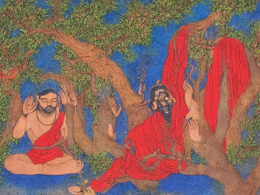 Image similar to Mystic, yogi, in trance, meditating under a tree. Indian, Pahari miniature, colorful, red, deep blue.