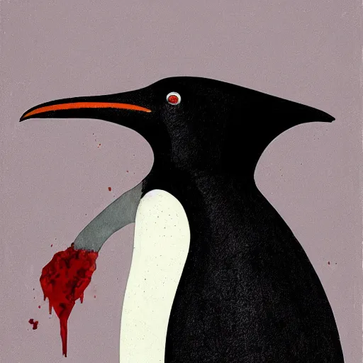 Prompt: oppressive penguin with blood on him, artistic illustration, concept art by nona limmen