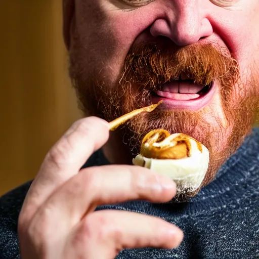 Image similar to louis c k eating a cinnamon roll, extreme close - up, xf iq 4, f / 1. 4, iso 2 0 0, 1 / 1 6 0 s, 8 k, raw, unedited, symmetrical balance, in - frame, sharpened