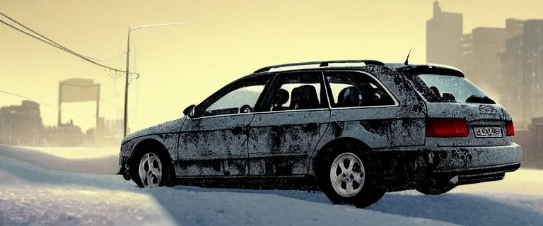 Image similar to Audi A4 B6 Avant (2002), a gritty neo-noir, dramatic lighting, cinematic, eerie person, death, homicide, homicide in the snow, viscera splattered, gunshots, bullet holes, establishing shot, extremely high detail, cracked windows, photorealistic, arson, cinematic lighting, artstation, by simon stalenhag, Max Payne (PC) (2001) winter New York at night, In the style of Max Payne 1 graphic novel, flashing lights, Poets of the Fall - Late Goodbye