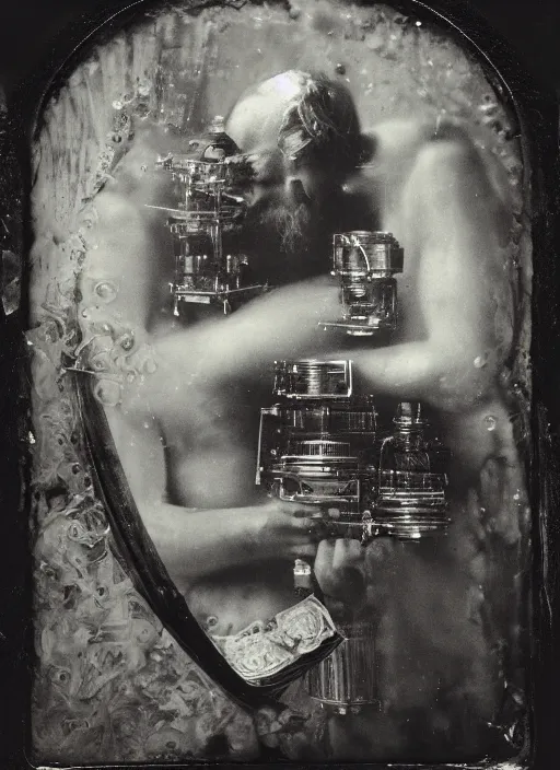 Image similar to old wetplate daguerreotype portrait of the birth of a genius musician, explosion of data fragments, fractal, intricate, elegant, highly detailed, parallax, leica, medium format, subsurface scattering, by jheronimus bosch and greg rutkowski and louis jacques mande daguerre