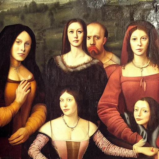 Prompt: Renaissance oil painting of a group of creepy young ladies