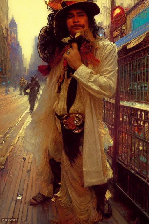 Prompt: honduran immigrant, dressed as a magician. christopher street, nyc, realistic painting by gaston bussiere, craig mullins, greg rutkowski, alphonse mucha