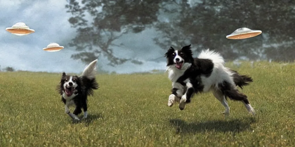 Image similar to border collie in robocop armor chasing flying saucers. Anime. Ultra-realistic.