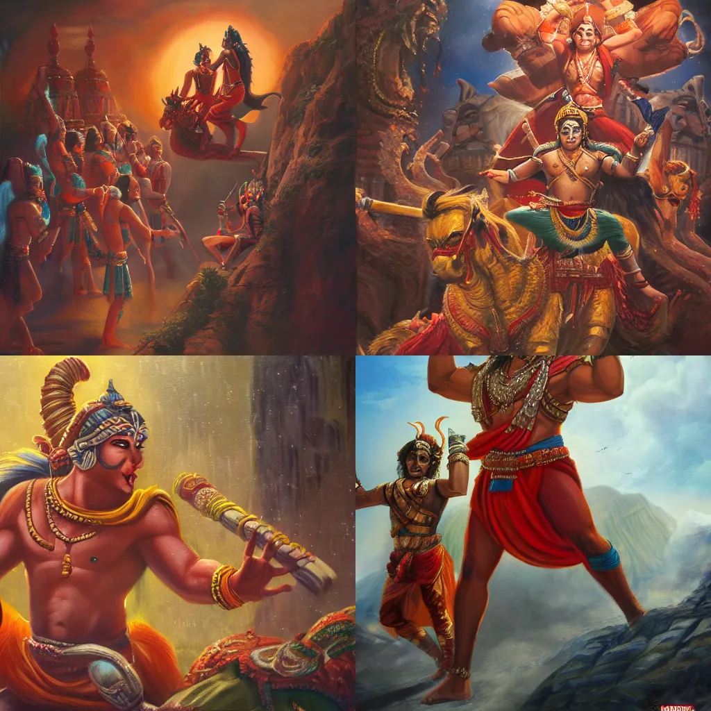Prompt: an epic cinematic scene from Ramayan, by Marvel Studios, oil on canvas, trending on ArtStation, detailed, 8K, HDR, HD,