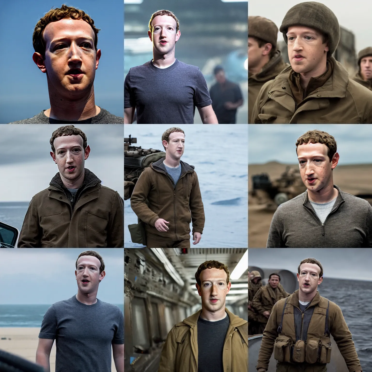 Prompt: Movie still of Mark Zuckerberg in Dunkirk