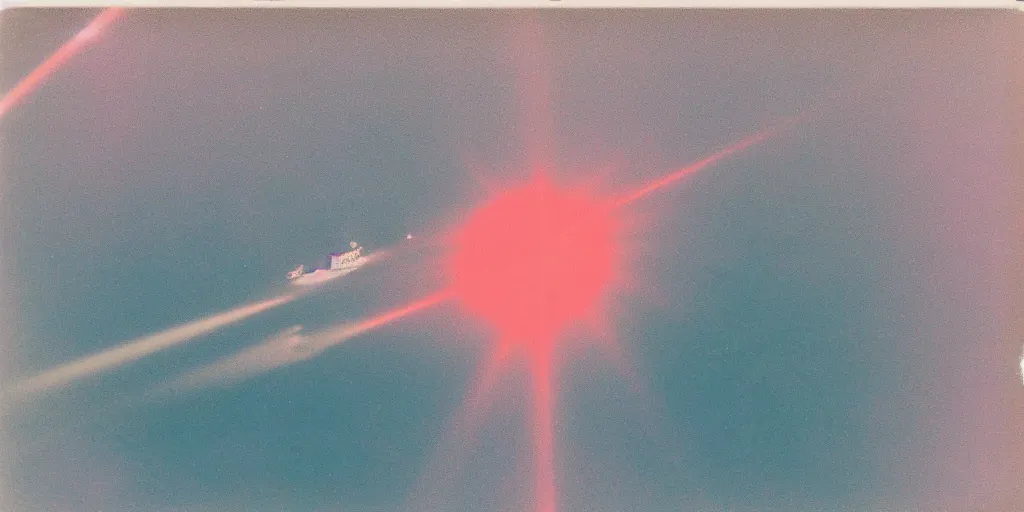 Prompt: analog polaroid photograph of godzilla swimming underwater in the ocean, gigantic waves, laser beams, seen from above, drone footage, bright sun reflection in the water, lensflare, film grain, azure tones, red color bleed