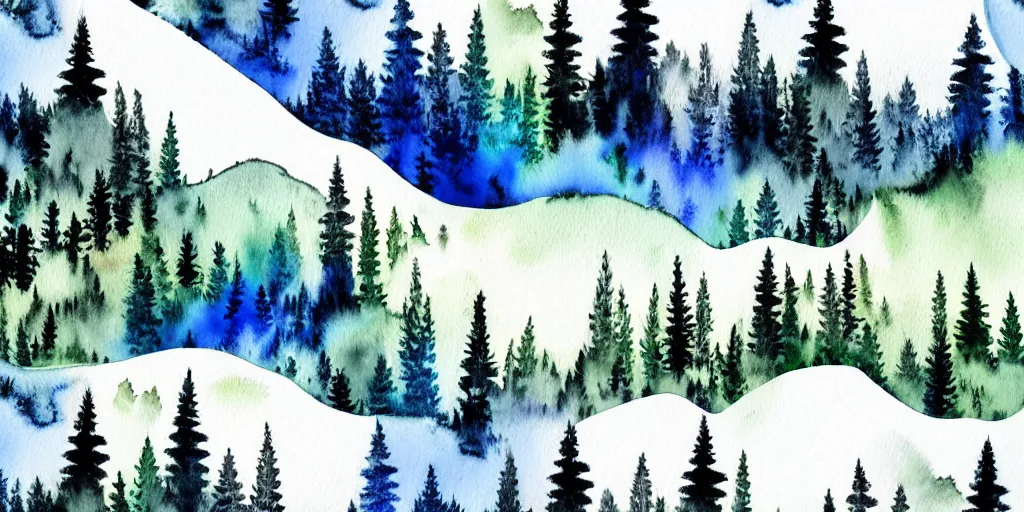 Prompt: watercolor montana mountains painting, white swirls, forest